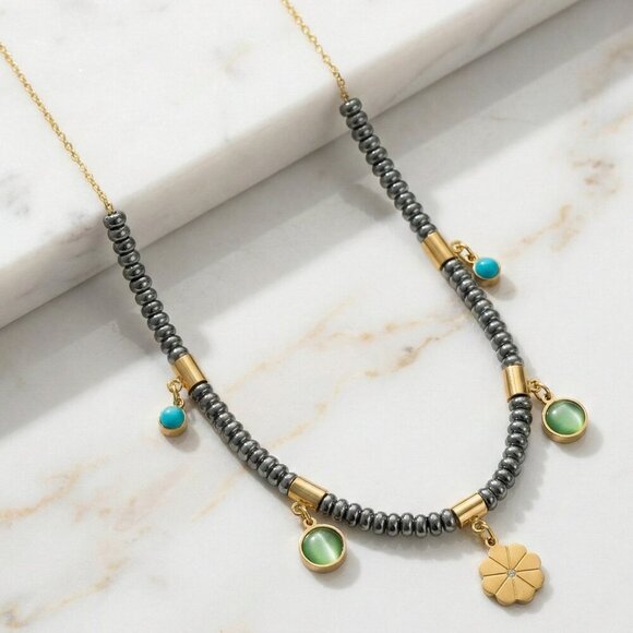 18K Gold Plated Stainless Steel Two-Tone Boho Floral Enamel Charm Necklace Gift - Picture 15 of 17